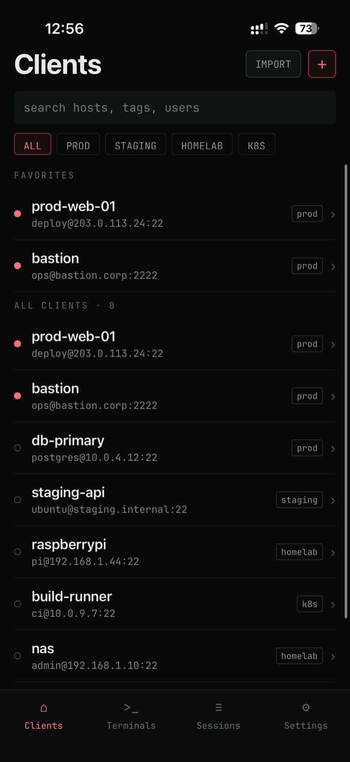Clients screen listing saved SSH hosts, with search, tag filters and favorites