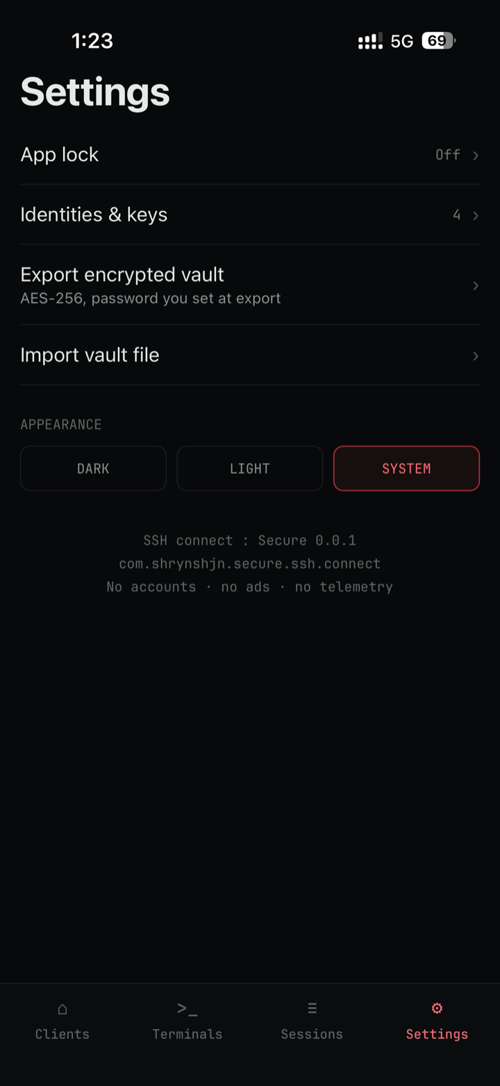 Settings screen with app lock, identities, and encrypted vault export/import