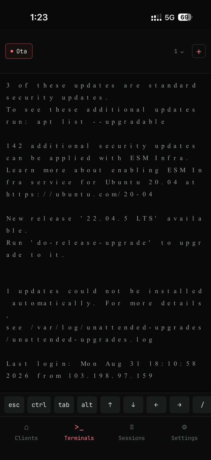 A live SSH terminal session in SSH Connect, showing real command output over an interactive shell